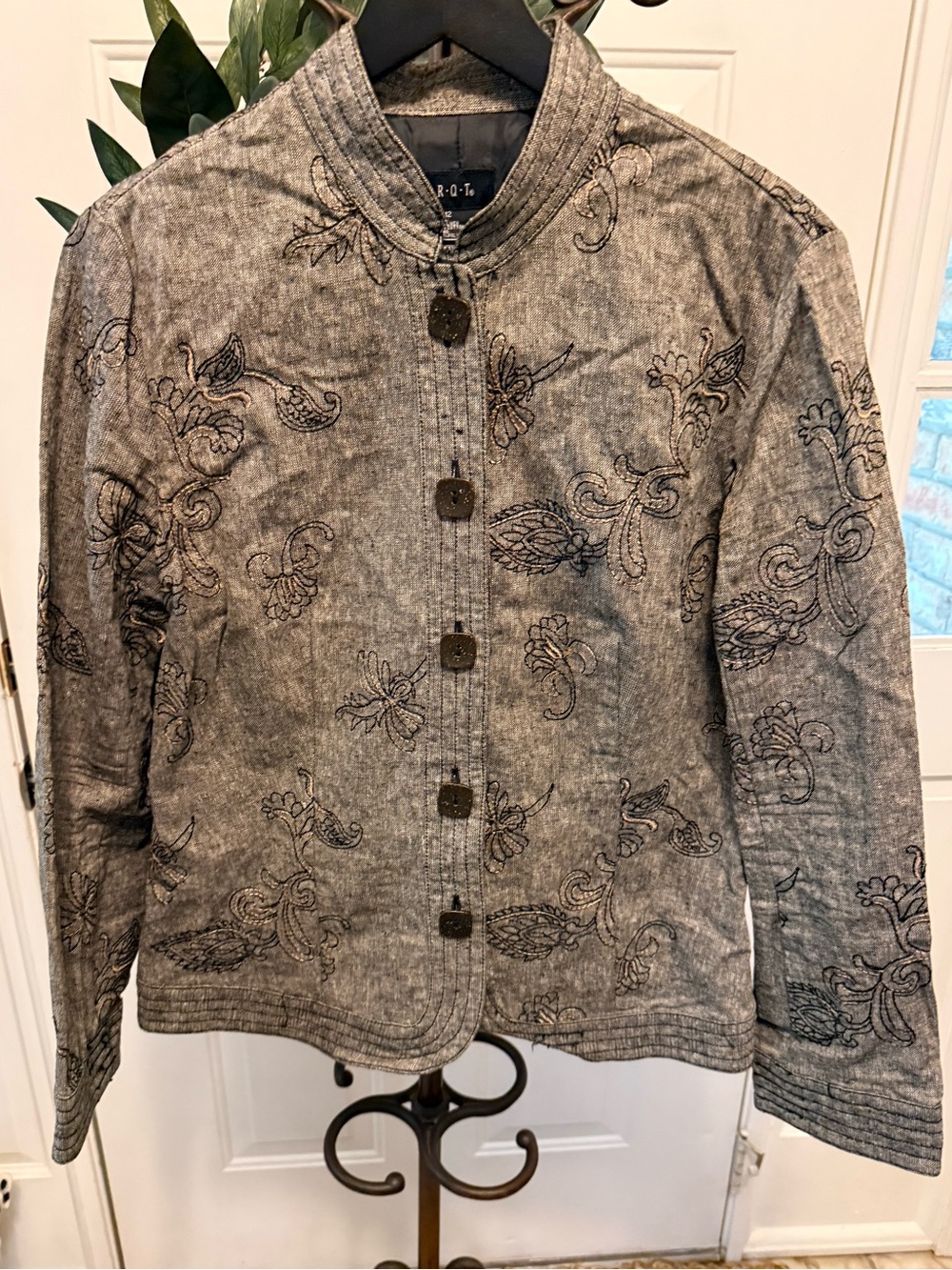 Vintage 90s Y2K R.Q.T Embroidered Floral Linen Single Breasted Blazer Jacket 12